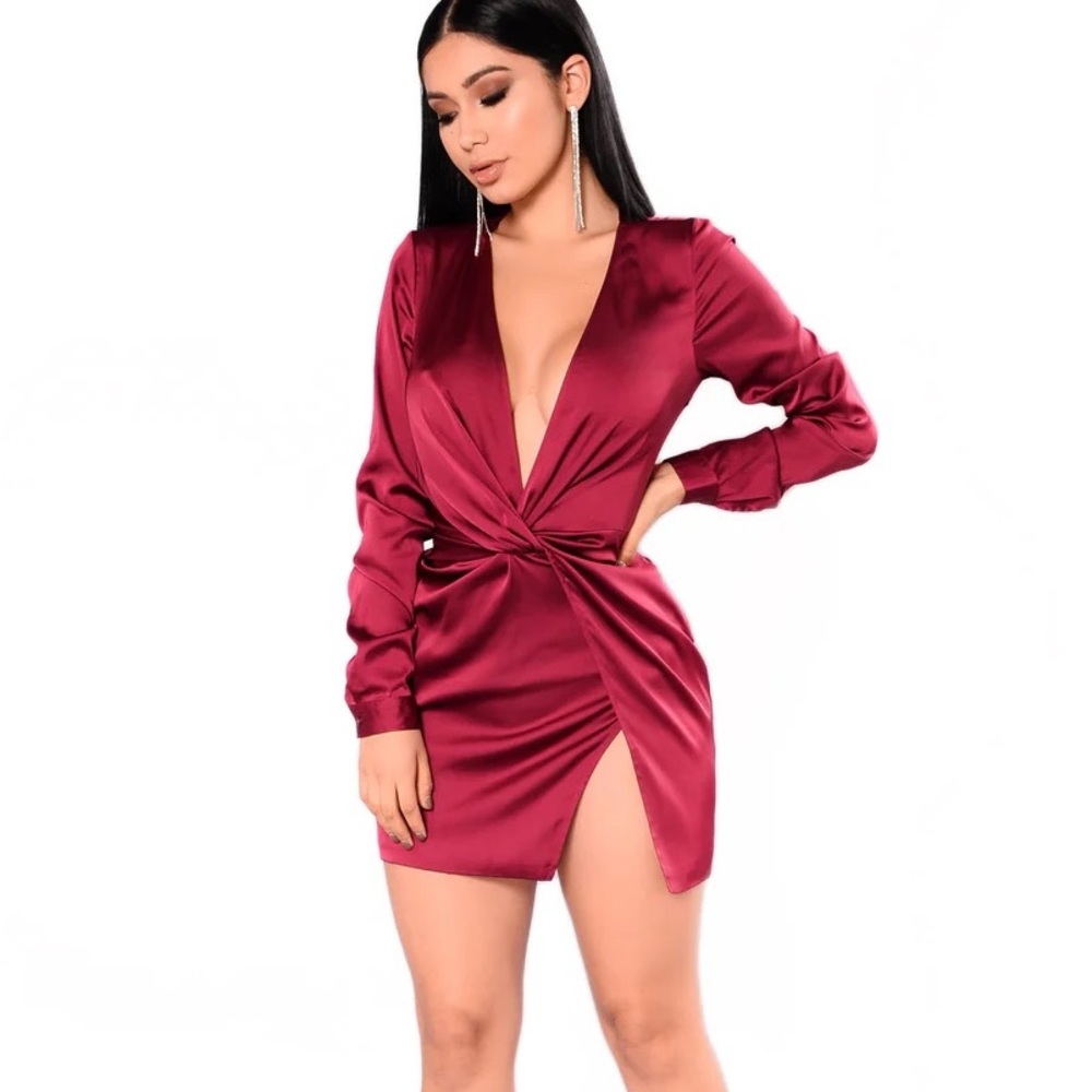 Fashion Nova Sugar Free Dress - Red Burgundy Satin Mini Plunge Party Dress
